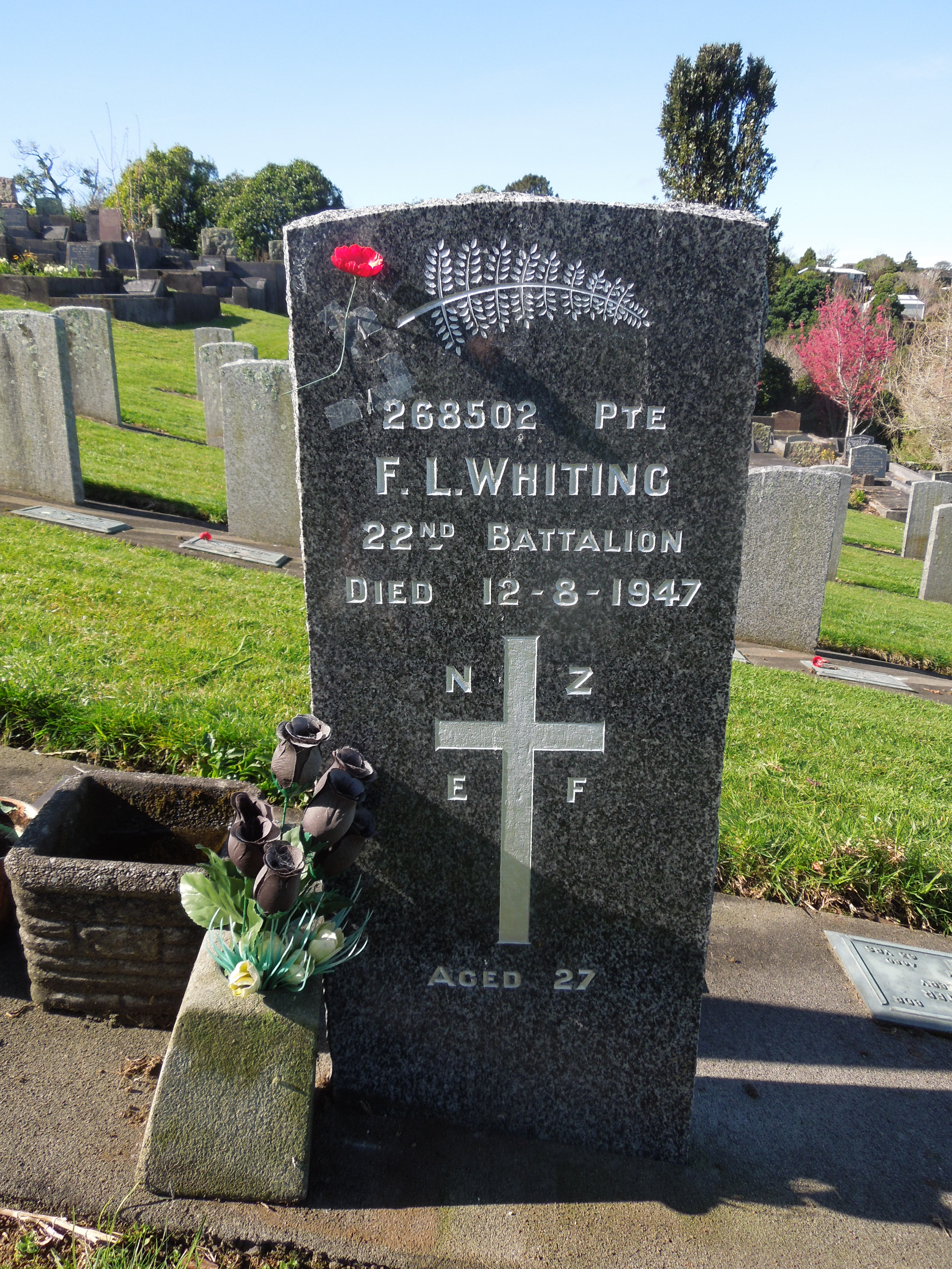 Francis Whiting's headstone at Te Hēnui Cemetery - Block C Row 3 Plot 340 (2017). New Plymouth District Council.