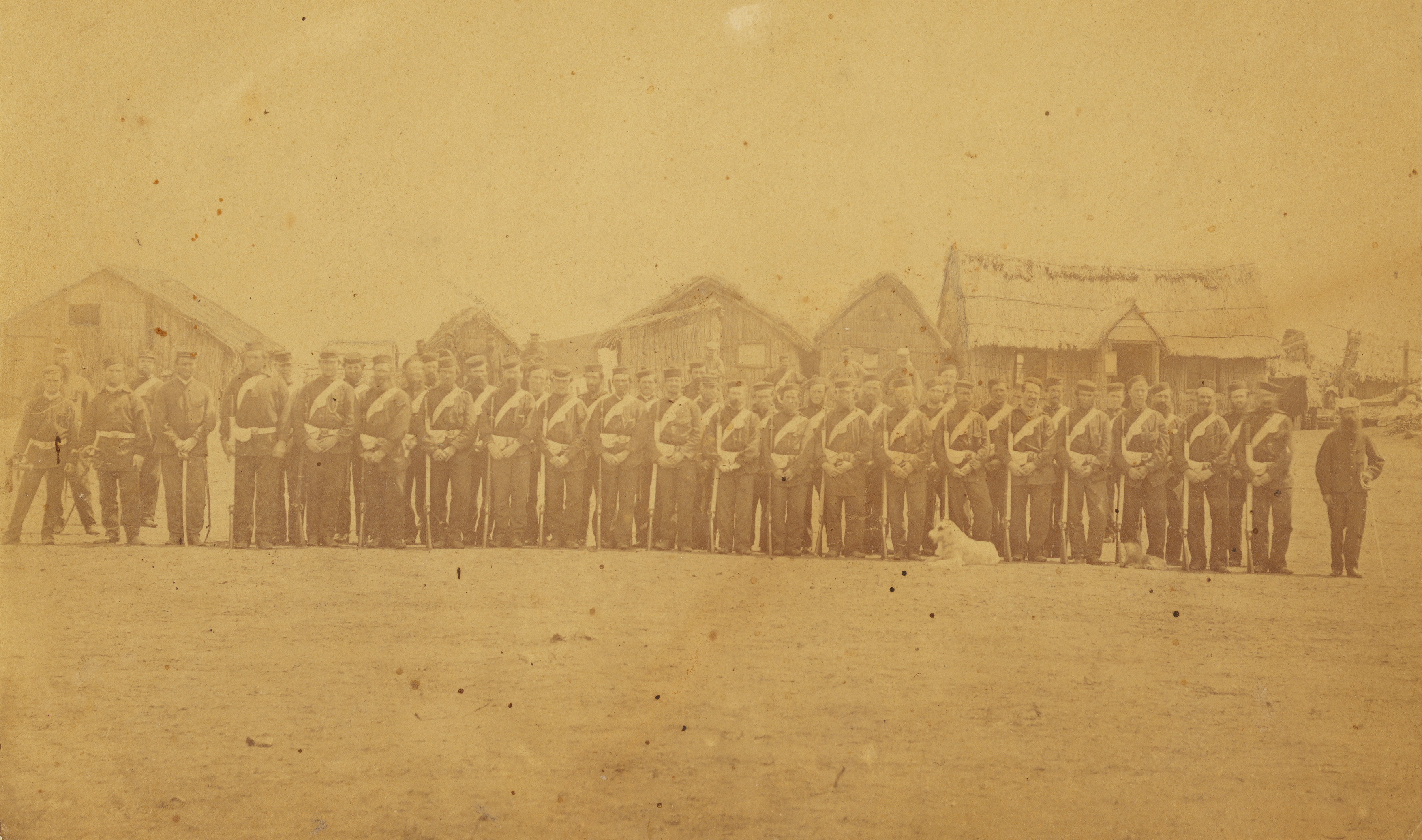Taranaki Military Settlers at Pukearuhe Redoubt - Bamber Gascoyne is standing on the far right (1866). Unknown photographer. Collection of Puke Ariki (A64.050).